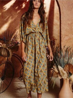 BUCKETLIST Mustard Floral Maxi Dress with Blue Accents